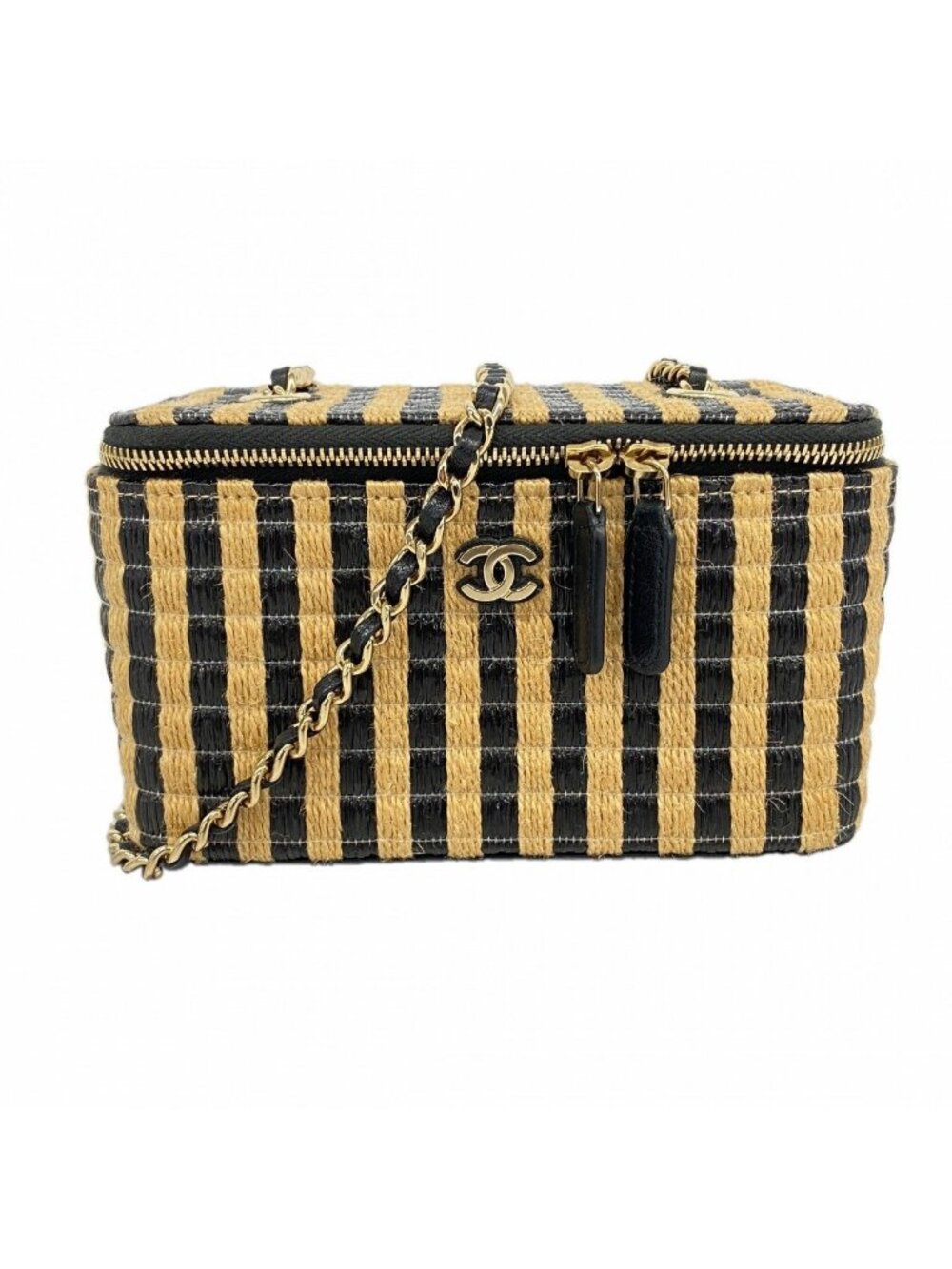 Chanel Shoulder Bag Raffia Beige Black Champagne Gold
